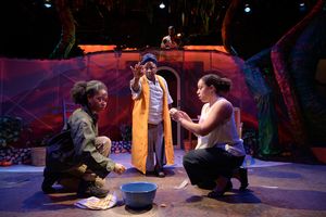 Foreground: Cianna Castro (Camilla Marie), Keila Cordova (Guiomar) and Taysha Marie Canales (Maria Soledad), background: Anssumane Silla (Percussion).
@ BroadwayWorld Foreground: Cianna Castro (Camilla Marie), Keila Cordova (Guiomar) and Taysha Marie C Photo