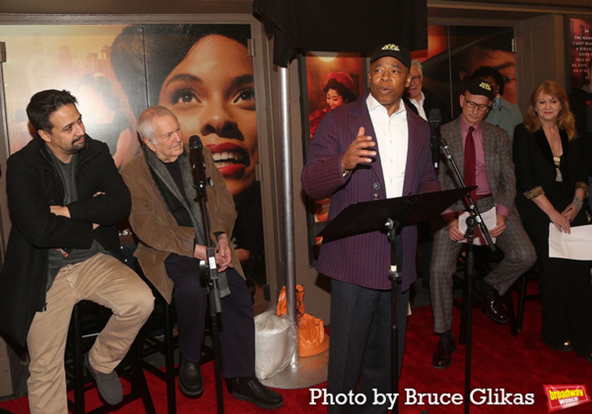 Lin-Manuel Miranda, John Kander, Mayor Eric Adams of New York City, Tom Kirdahy and Sonia Friedman  at 