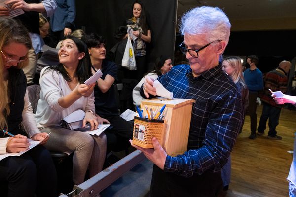 Curator Brian Leahy Doyle wrangles the votes and a box of pens All photos by Reiko Yo Photo