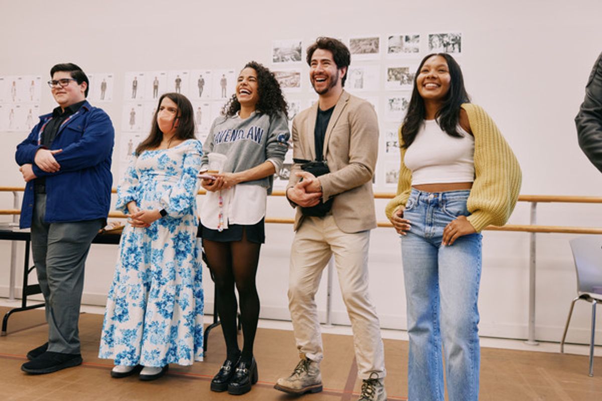 Max Rodriguez, Rebecca Aparicio, Ilda Mason, Sean Ewing, and Leonay Shepherd in rehearsal for Evita, at American Repertory Theater beginning May 17. at 