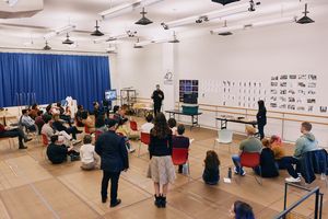 Scenic Designer Jason Sherwood presenting to the company of Evita, at American Repertory Theater beginning May 17. @ BroadwayWorld Scenic Designer Jason Sherwood presenting to the company of Evita, at American Repert Photo