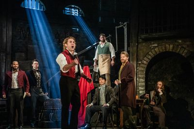 Devin Archer & company in Les Misérables. Photo by Matthew Murphy & Evan Zimmerman f Photo