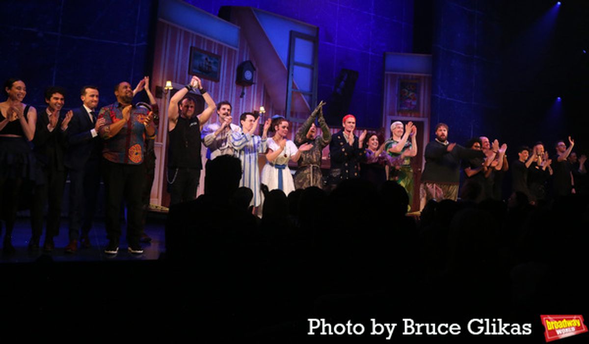 Ellie Morris, Chris Leask, Henry Shields, Jonathan Sayer, Charlie Russell, Matthew Cavendish, Neil Patrick Harris, Nancy Zamit, Greg Tannahill, Henry Lewis, Bianca Horn with the full company of 'Peter Pan Goes Wrong' at 