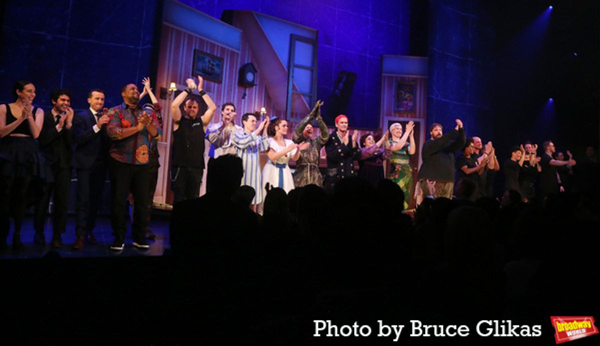 Ellie Morris, Chris Leask, Henry Shields, Jonathan Sayer, Charlie Russell, Matthew Cavendish, Neil Patrick Harris, Nancy Zamit, Greg Tannahill, Henry Lewis, Bianca Horn with the full company of 'Peter Pan Goes Wrong' at 