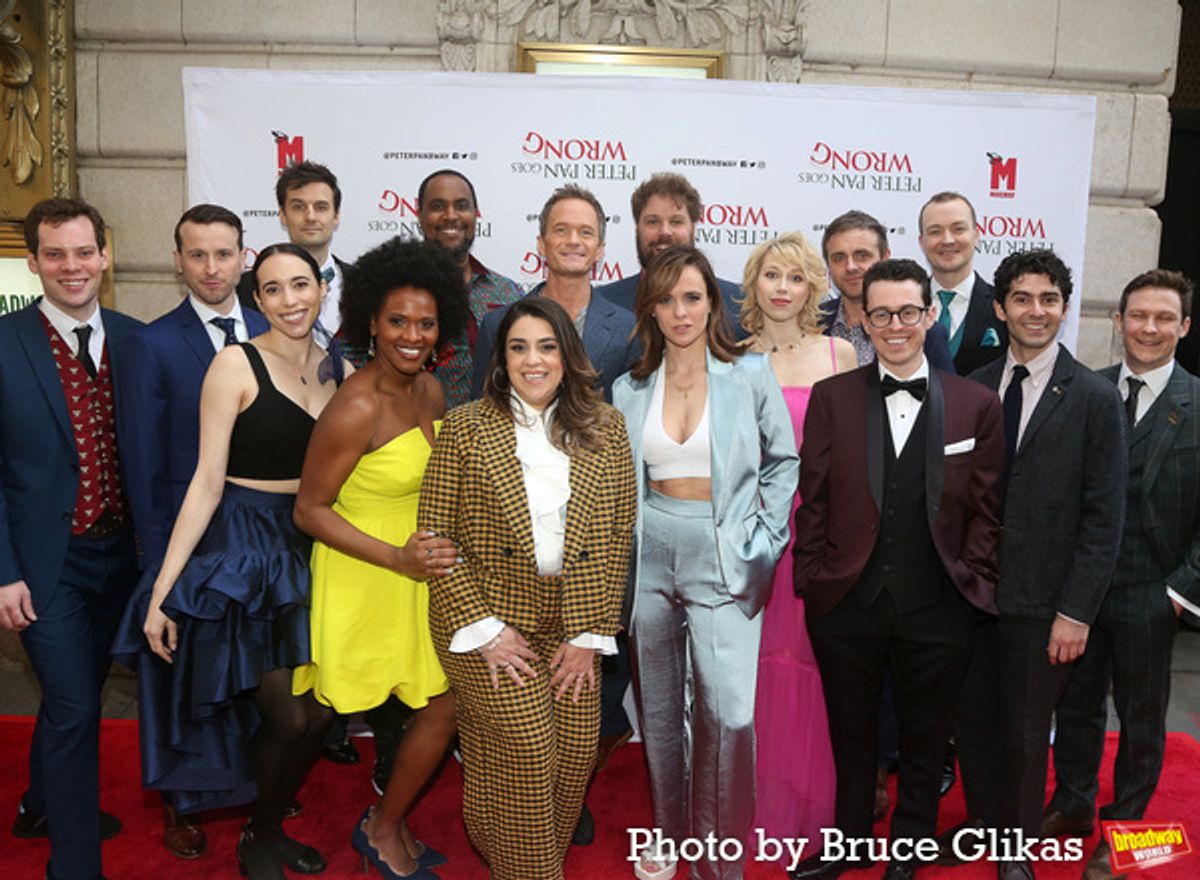 Neil Patrick Harris and The Cast of 'Peter Pan Goes Wrong' including Stephen James Anthony, Ryan Vincent Anderson, Brenann Stacker, Greg Tannahill, Nancy Zamit, Chris Leask, Bianca Horn, Henry Shields, Ellie Morris, Producer Kevin McCollum, Henry Lewis, Fred Gray, Director Adam Meggido, Matthew Cavendish, Bartley Booz, Jonathan Sayer and Harry Kershaw at 