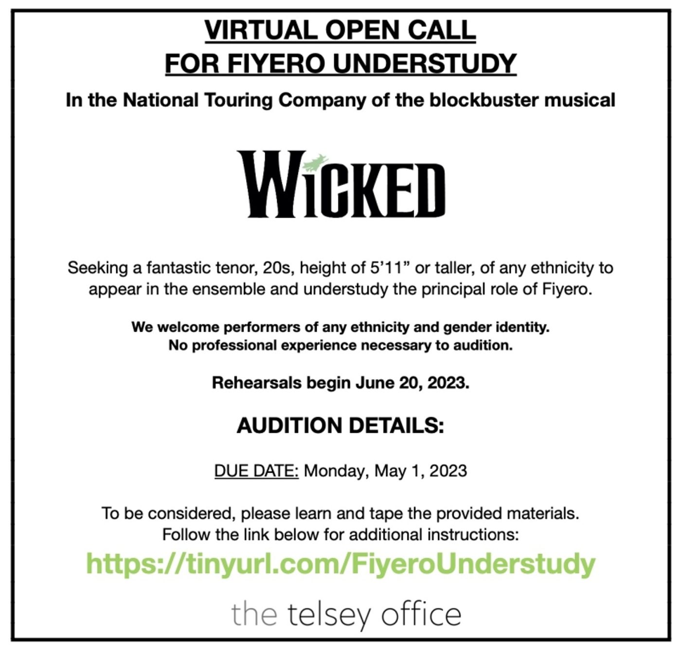 WICKED National Tour Holds Virtual Open Call for Fiyero Understudy  Image