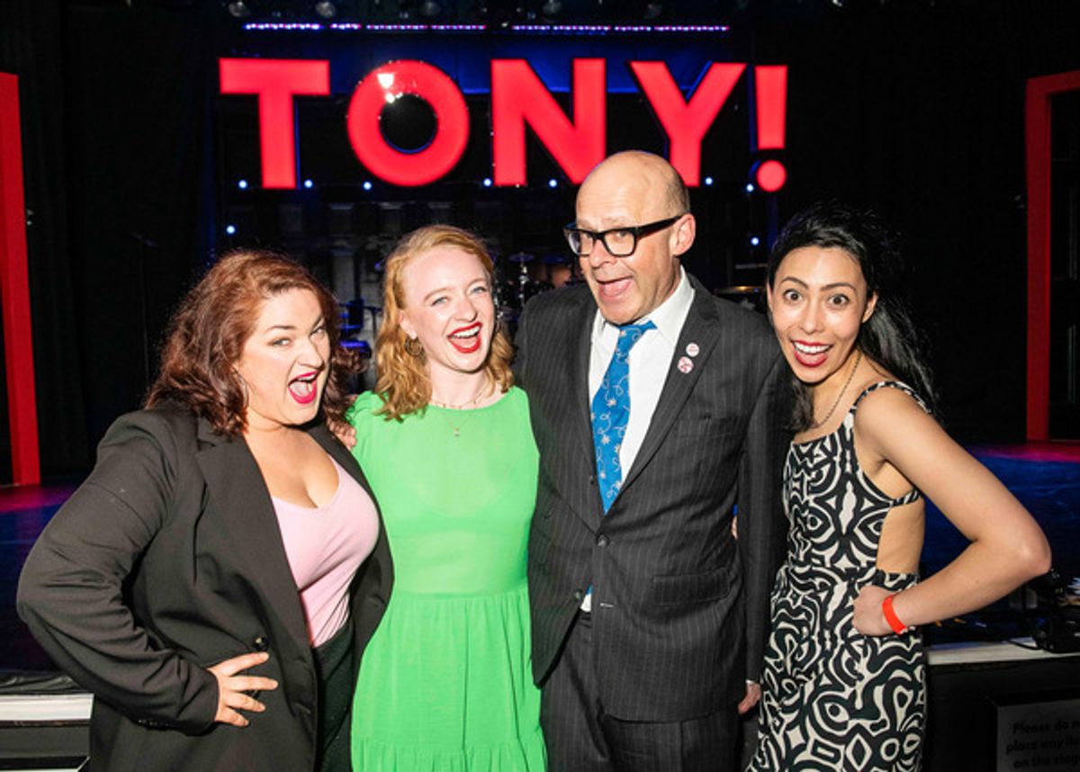 Rosie Strobel (John Prescott), Tori Burgess (Cherie Blair) Harry Hill, and Sally Cheng (Robin Cook)   at 