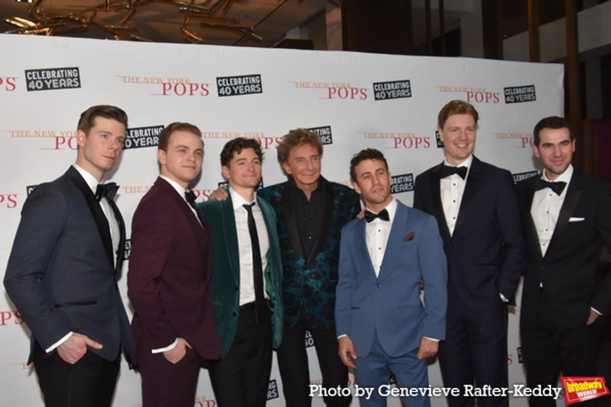 Barry Manilow with The Cast of Harmony- Sean Bell, Steven Telsey, Blake Roman, Danny Kornfeld, Eric Peters and Zal Owen at 