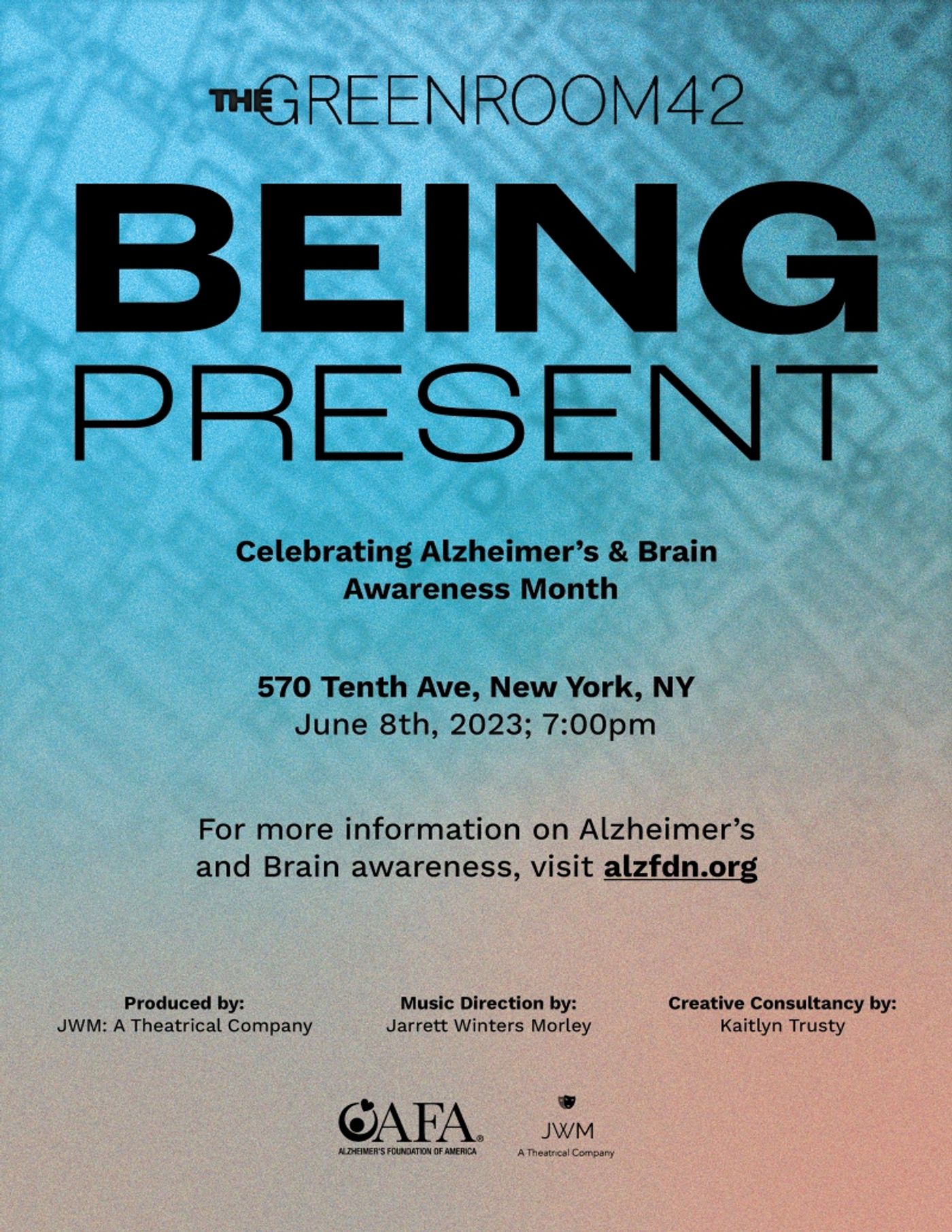 Interview: Jarrett Winters Morley of BEING PRESENT: CELEBRATING ALZHEIMER'S & BRAIN AWARENESS MONTH at The Green Room 42  Image