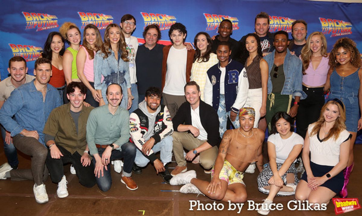 The Cast of 'Back to The Future: The Musical' including Casey Likes, Lianna Hunt, Jelani Remy, Hugh Coles, Nathaniel Hackmann, Roger Bart, Merritt David Janes, Mikaela Secada, Amber Ardolino, Will Branner, Victoria Byrd, Brendon Chan, Kevin Curtis, Nick Drake, Samuel Gerber, Marc Heitzman, Kimberly Immanuel, Joshua Kenneth Allen Johnson, Hannah Kevitt, JJ Niemann, Becca Petersen, Emma Pittman, Jonalyn Saxer, Blakely Slaybaugh, Gabi Stapula and Daryl Tofa at 