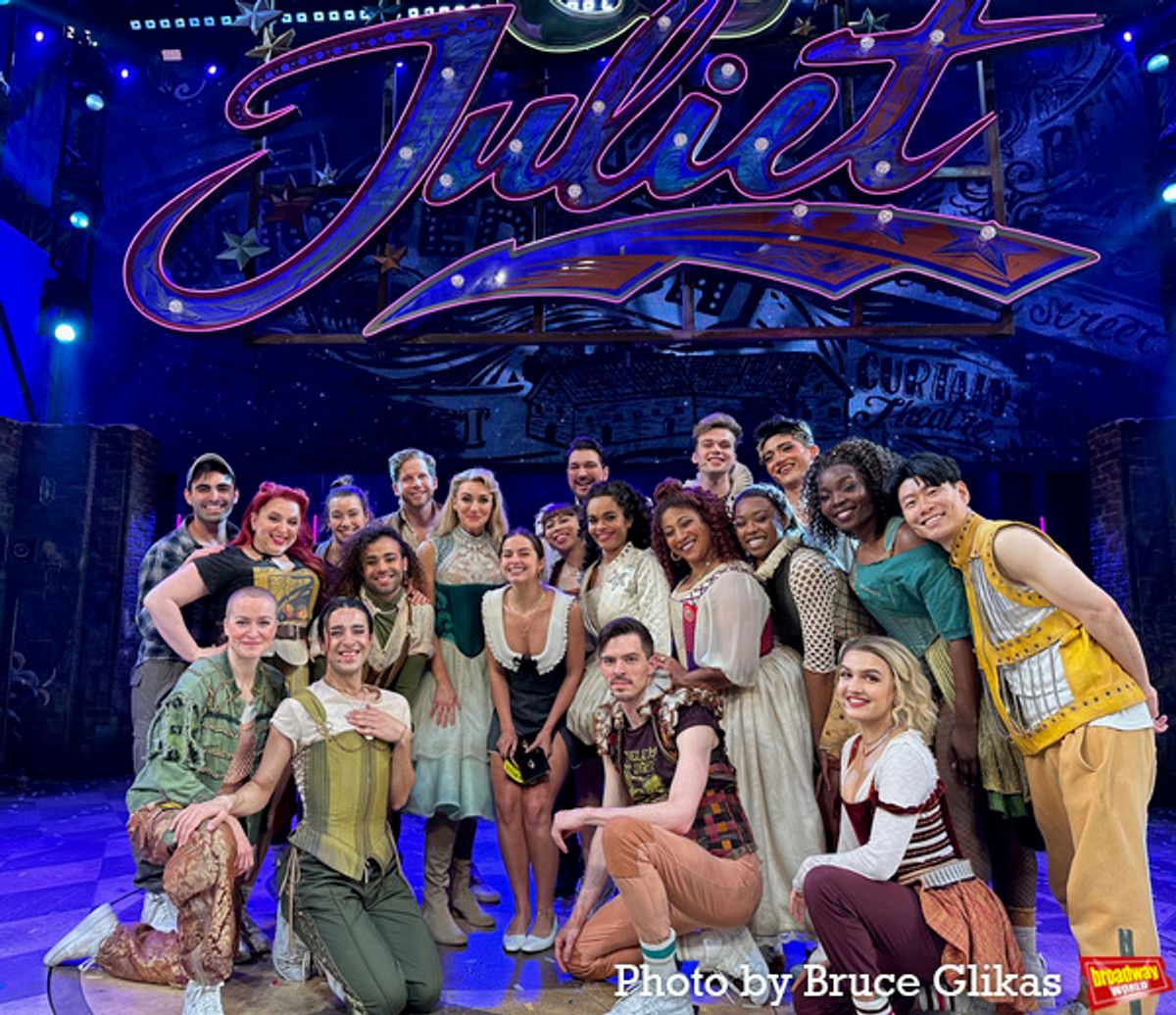 Addison Rae poses with Betsy Wolfe, Stark Sands, Lorna Courtney, Paulo Szot, Melanie La Barrie, Ben Jackson Walker, Justin David Sullivan and The Cast of '&Juliet' at 