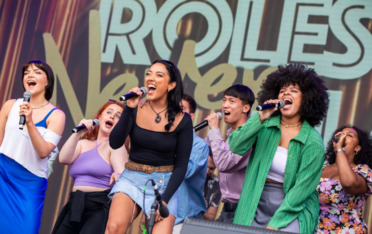 Rosy Church, Grace Mouat, Renee Lamb and the cast of Roles We'll Never Play at West End LIVE 2023, credit Pamela Raith at 