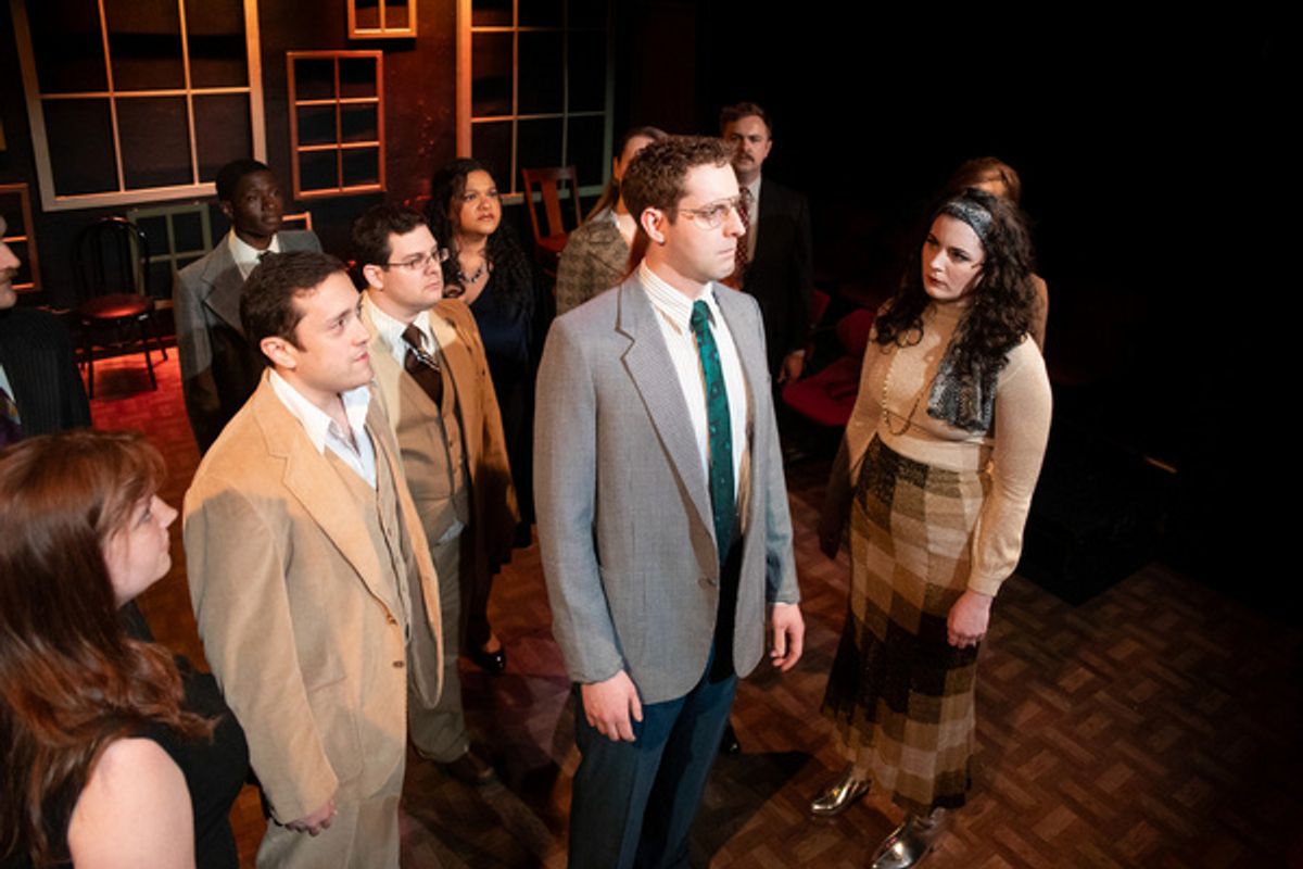 Nick Arceo (Jerome), Dustin Rothbart (Charley Kringas), Christopher Johnson (Franklin Shepard), Brandy Miller (Gussie Carnegie) and the cast of ?Merrily We Roll Along?. at 