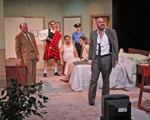 Mark Bader as Mayor Meekly, Nicholas Wilder as Eric Sheridan, Colin Wasmind as Todd, Emily Britt as Billie Dwyer, Gerri Weagraff as Mrs. Meekly and Mikey LoBalsamo as Agent Frank @ BroadwayWorld Mark Bader as Mayor Meekly, Nicholas Wilder as Eric Sheridan, Colin Wasmind as Todd, Photo