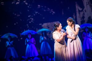 Melody Butiu (Estrella Cumpas), Arielle Jacobs (Imelda Marcos), and the cast of Here  Photo