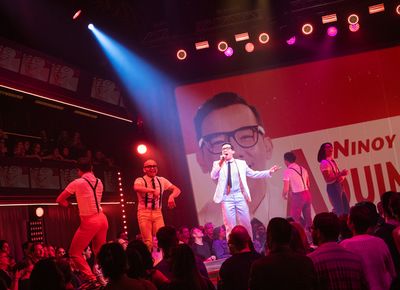 Conrad Ricamora (Ninoy Aquino) and the cast of Here Lies Love
 Photo