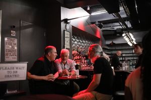 Joe Choroszewski and Sean Harkness with Rick Hinkson in a post-show chat. Photo