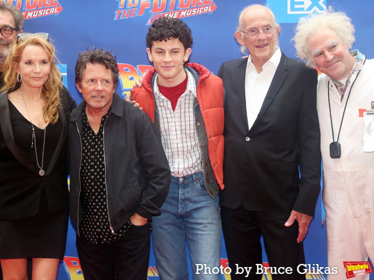 Lea Thompson, Michael J. Fox, Casey Likes, Christopher Lloyd and Roger Bart at 