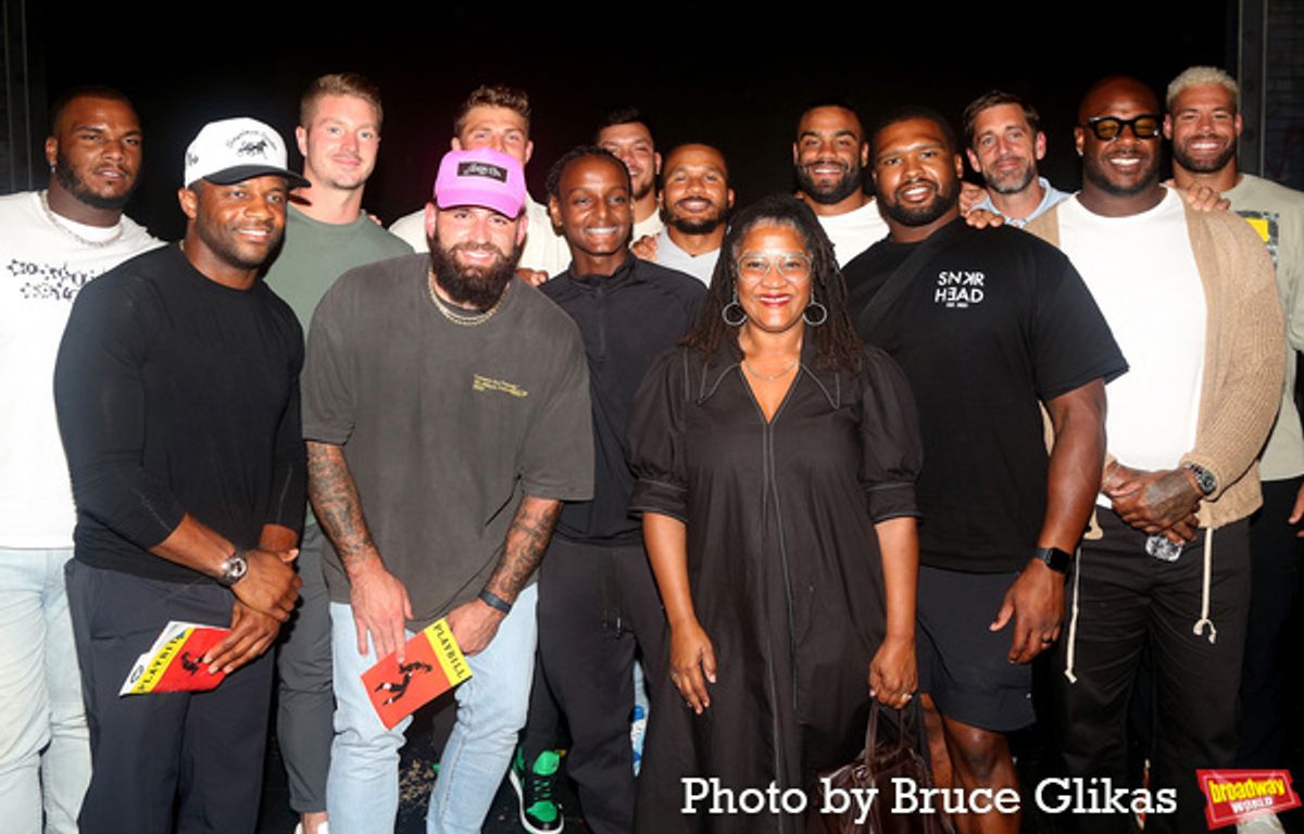 NY Jets John Franklin-Myers, CJ Uzomah, Timothy Boyle, Aaron Rodgers, Zach Wilson, Chris Glaser, Solomon Thomas, Quinton Jefferson, Michael Carter II, Randall Cobb, Tyler Conklin, Tanzel Smart with Book Writer Lynn Nottage & son Melkamu Gerber at 