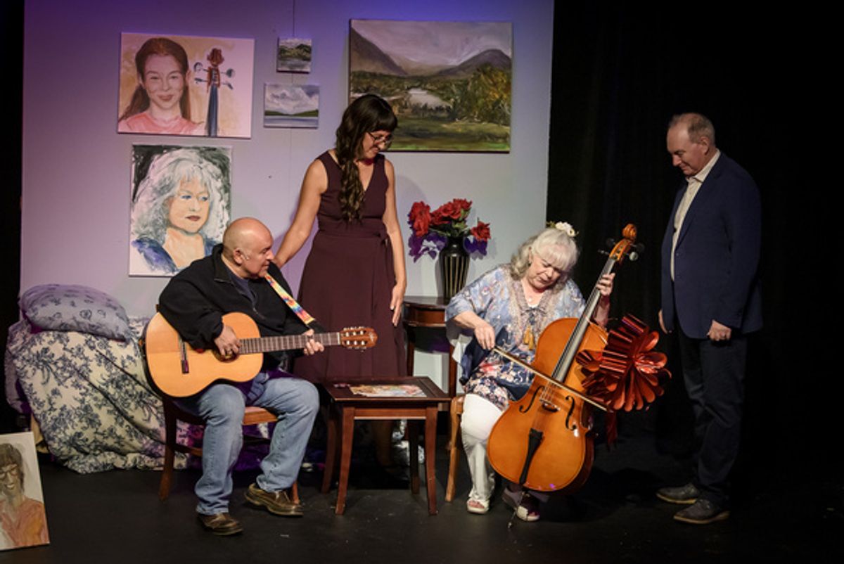 Ben Salinas (Paul), Marissa Rachjaibun (Sophie), Maureen Card (Suzanna) and Erik Sparks (David).  Paintings by Cara London.    (photo by Kenneth Card) at 