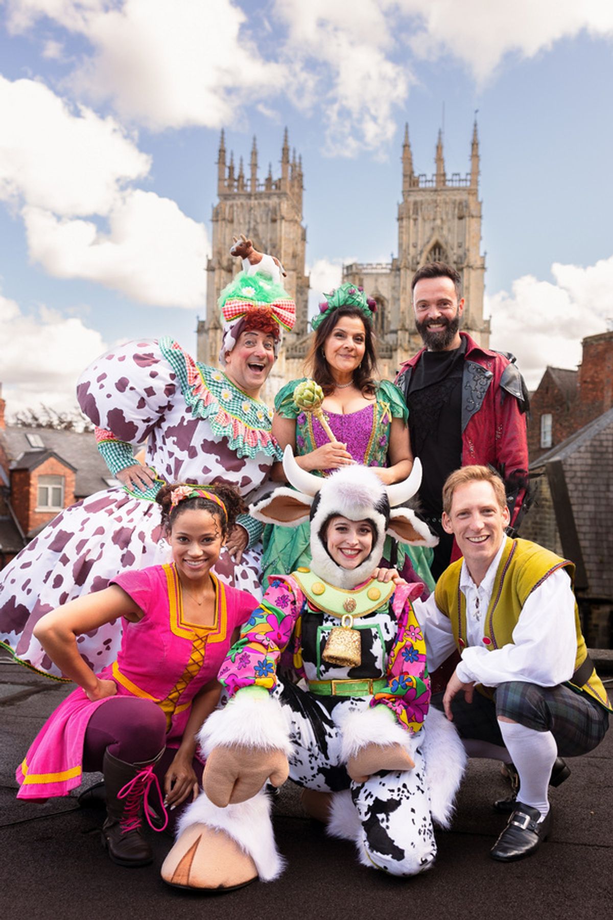 The cast of Jack and the Beanstalk at York Theatre pictured in front of York Minster - back row Robin Simpson, Nina Wadia, James Mackenzie; front, Mia Overfield, Anna Soden and Matthew Curnier at 