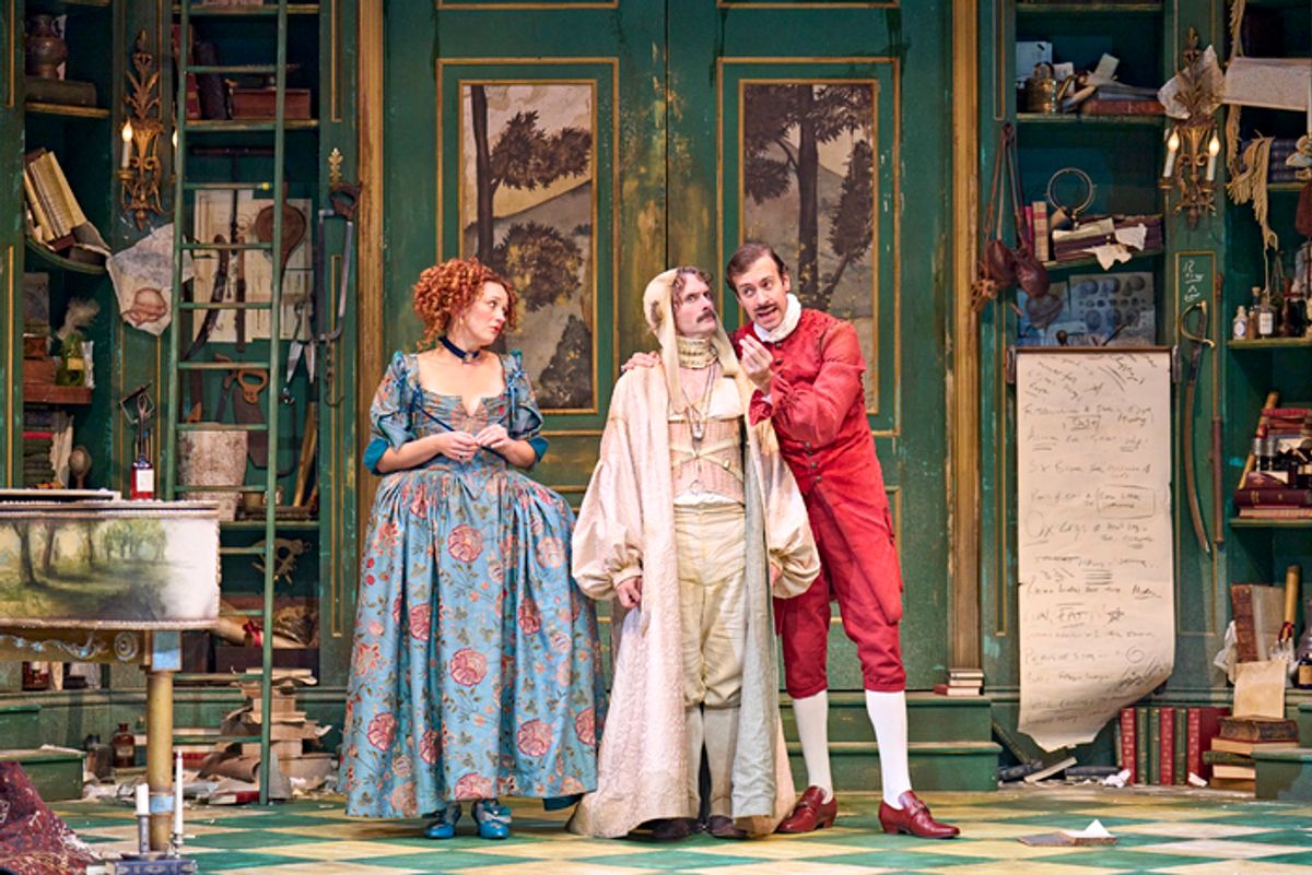 Jessica Ransom (Beline), Edward Hogg (Argan) and Andre Refig (Bonnefoi) at 