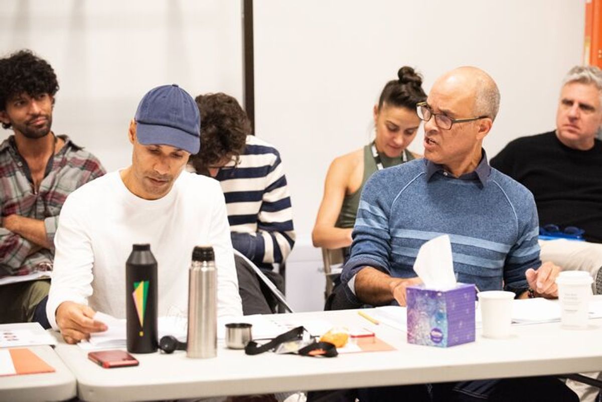 (front row) Luis Vega (Juan De Marcos) and Julio Monge (Compay), (back row) Carlos Gonzalez, Justin Peck (Co-Choreographer), Patricia Delgado (Co-Choreographer), and Neil Pepe (Artistic Director)
 at 