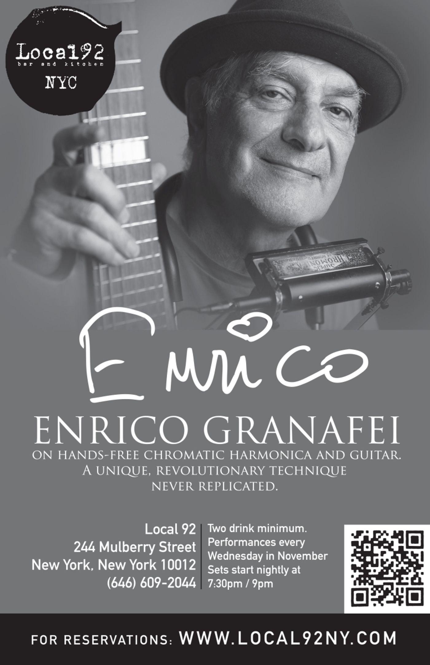 Harmonica Player, Guitarist, Vocalist Enrico Granafei to Appear Every Wednesday In November at Local 92 NYC Harmonica Player, Guitarist, Vocalist Enrico Granafei to Appear Every Wednesday In November at Local 92 NYC Image