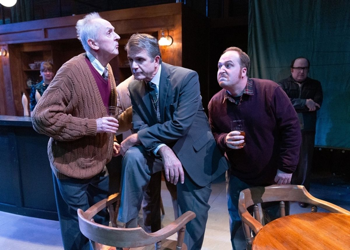  Bruce Kaye (Arthur), Jim O'Brien ( Albert Pierrepoint), Jack Clarke (Bill); Background L to R: Karen Carpenter (Alice), Gabriel Graetz (Syd Armfield) at 