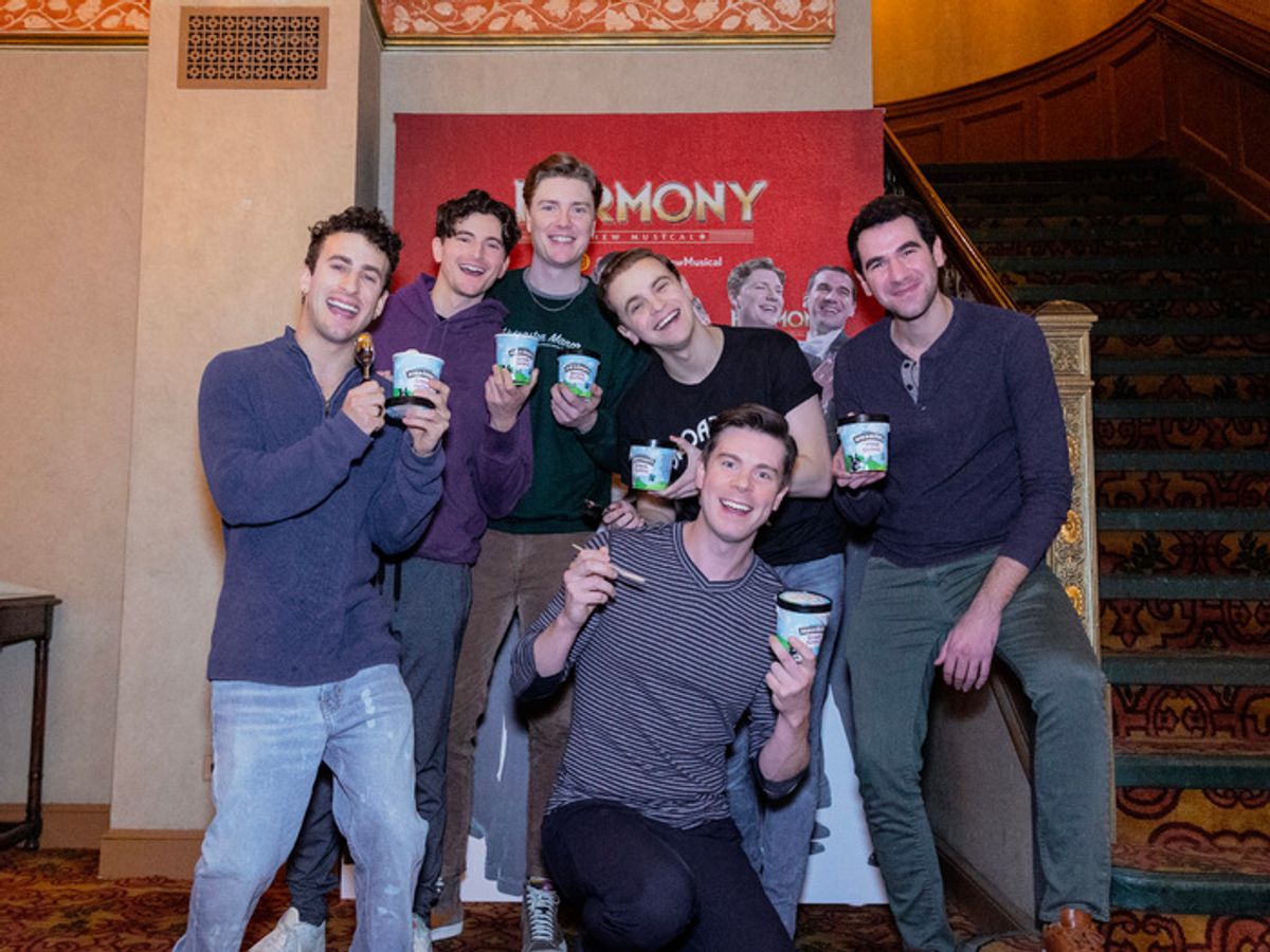 The comedian harmonists- Danny Kornfeld, Blake Roman, Eric Peters, Steven Telsey, Zal Owen  Front  Sean Bell at 