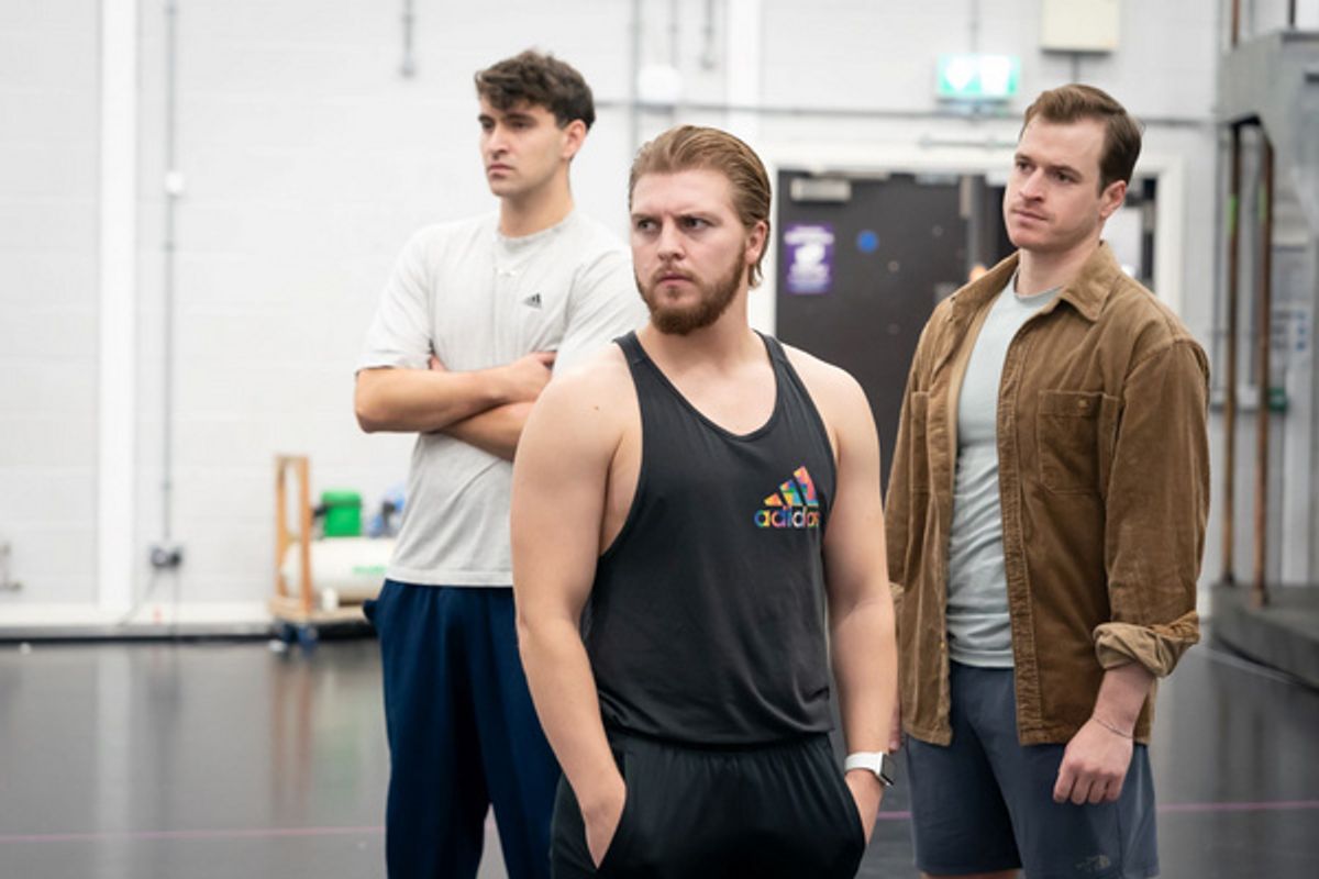 Jacob Atkins (Ensemble), Jacob Fisher (Ensemble and Cover Magaldi) and Ashley Gilmour (Ensemble and Cover Peron) at 