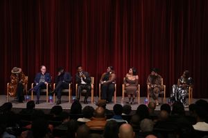 Chorographer Fatima Robinson, producer Scott Sanders, director Blitz Bazawule, Corey Hawkins (Harpo), Danielle Brooks (Sofia), Taraji P. Henson (Shug Avery), Fantasia Barrino (Celie), and New York Times critic Salamishah Tillet @ BroadwayWorld Chorographer Fatima Robinson, producer Scott Sanders, director Blitz Bazawule, Corey Photo