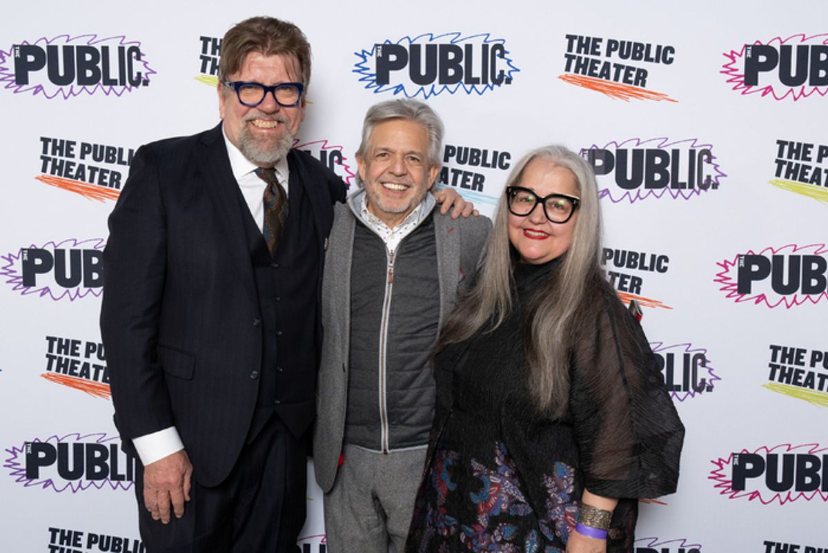 Artistic Director Oskar Eustis, Board Chair Luis A. Miranda Jr., and Director Laurie Woolery at 