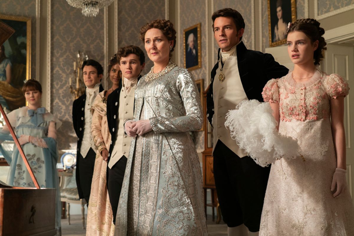 Claudia Jessie as Eloise Bridgerton, Luke Thompson as Benedict Bridgerton, Simone Ashley as Kate Sharma, Will Tilston as Gregory Bridgerton, Ruth Gemmell as Lady Violet Bridgerton, Jonathan Bailey as Anthony Bridgerton, Florence Hunt as Hyacinth Bridgerton at 