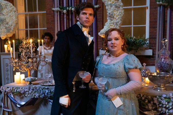 Luke Newton as Colin Bridgerton, Nicola Coughlan as Penelope Featherington Photo