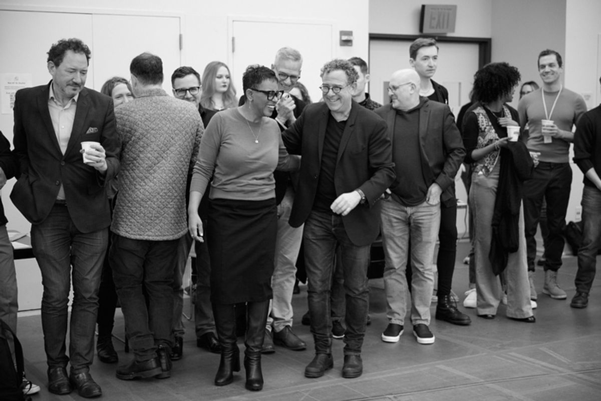 Kevin McCollum (left), Schele Williams and Michael Greif (center), and cast/company members of The Notebook
 at 