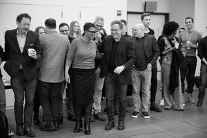 Kevin McCollum (left), Schele Williams and Michael Greif (center), and cast/company m Photo