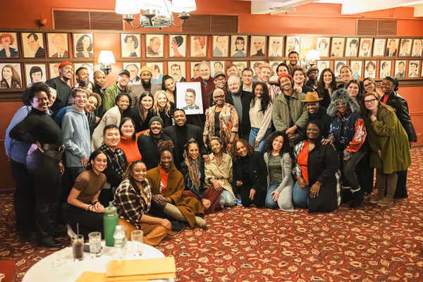 Leslie Odom, Jr. with his guests at the unveiling of his Sardi’s portrait Photo