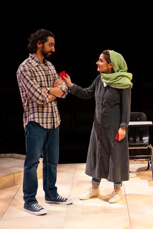 Joe Joseph, Tara Grammy, and Pooya Mohseni in The Old Globe’s production of English Photo