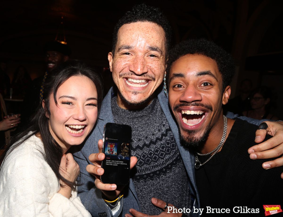 ''Some Like It Hot'' cast members Abby Matsusaka, Richard Riaz Yoder and Demarius Copes finding out they won the 2024 Best Musical Theater Album at the Grammy Awards at 