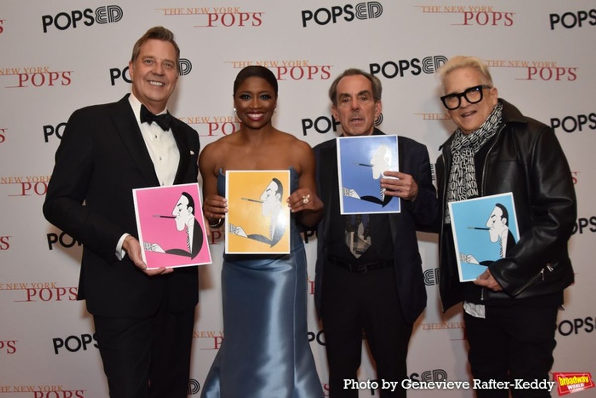 Ken Fallin presents Steven Reineke, Montego Glover and Lee Musiker with a George Gershwin caricature at 