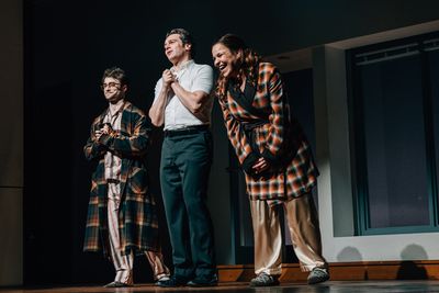 Daniel Radcliffe, Jonathan Groff, Lindsay Mendez. Photo Credit: Heather Gershonowitz Photo