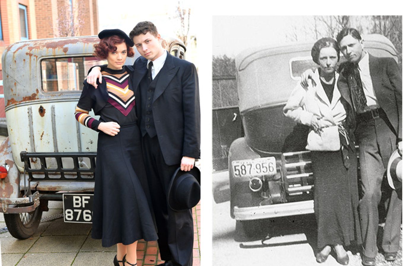 Photos: BONNIE & CLYDE Cast Pose With a Vintage 1929 Ford Model A Saloon  Image