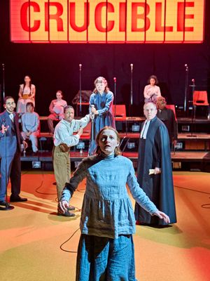 Rose Shalloo (centre, Abigail Williams), then L-R: Sid Sagar (Reverend Hale), Giullia Photo