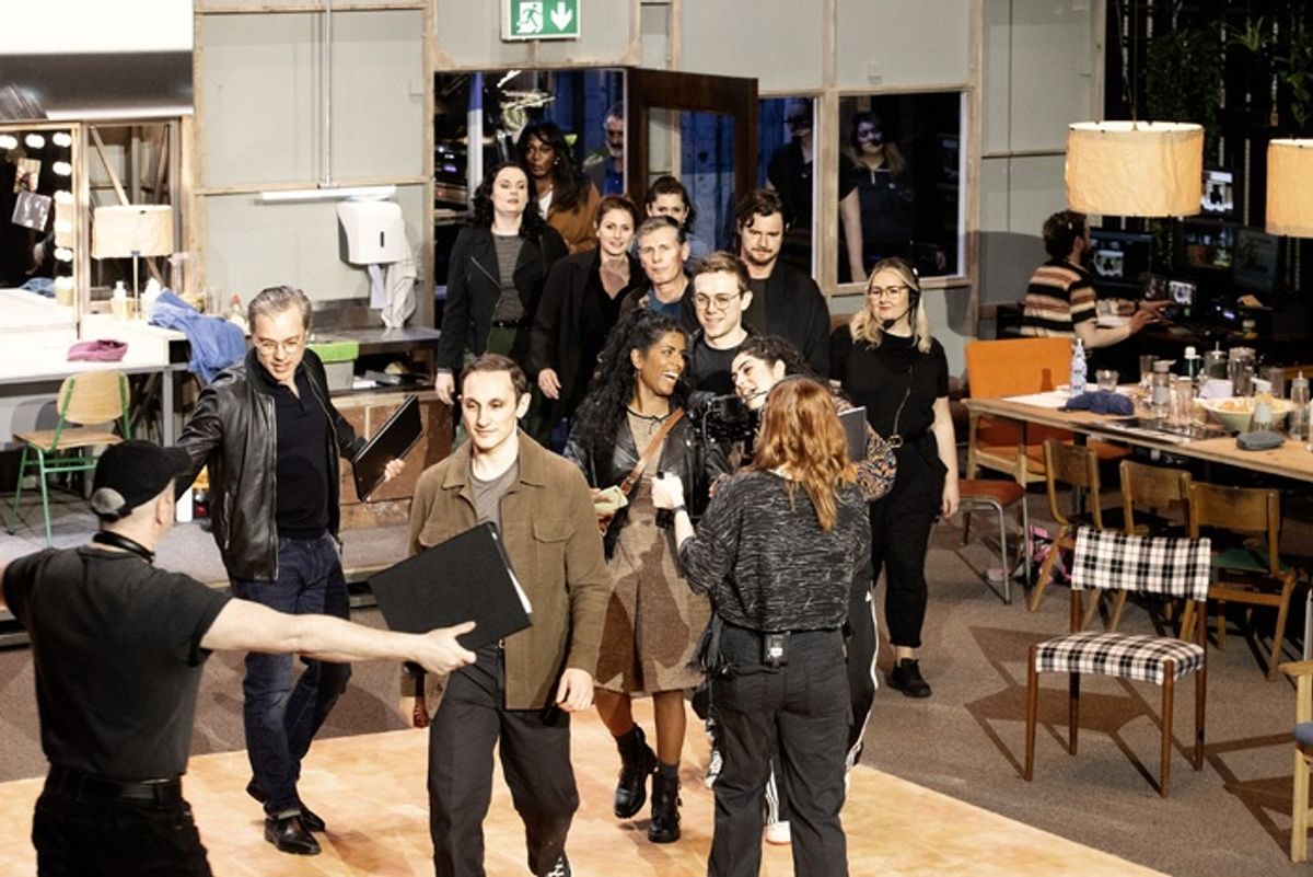 OPENING NIGHT. Hadley Fraser (Manny), Jos Slovick (Gus), Benjamin Walker (Maurice), Cilla Silvia (Carla) and Company. Photo Jan Versweyveld at 