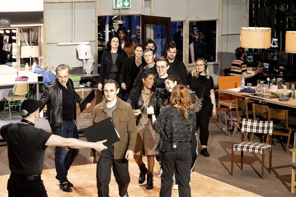 OPENING NIGHT. Hadley Fraser (Manny), Jos Slovick (Gus), Benjamin Walker (Maurice), C Photo