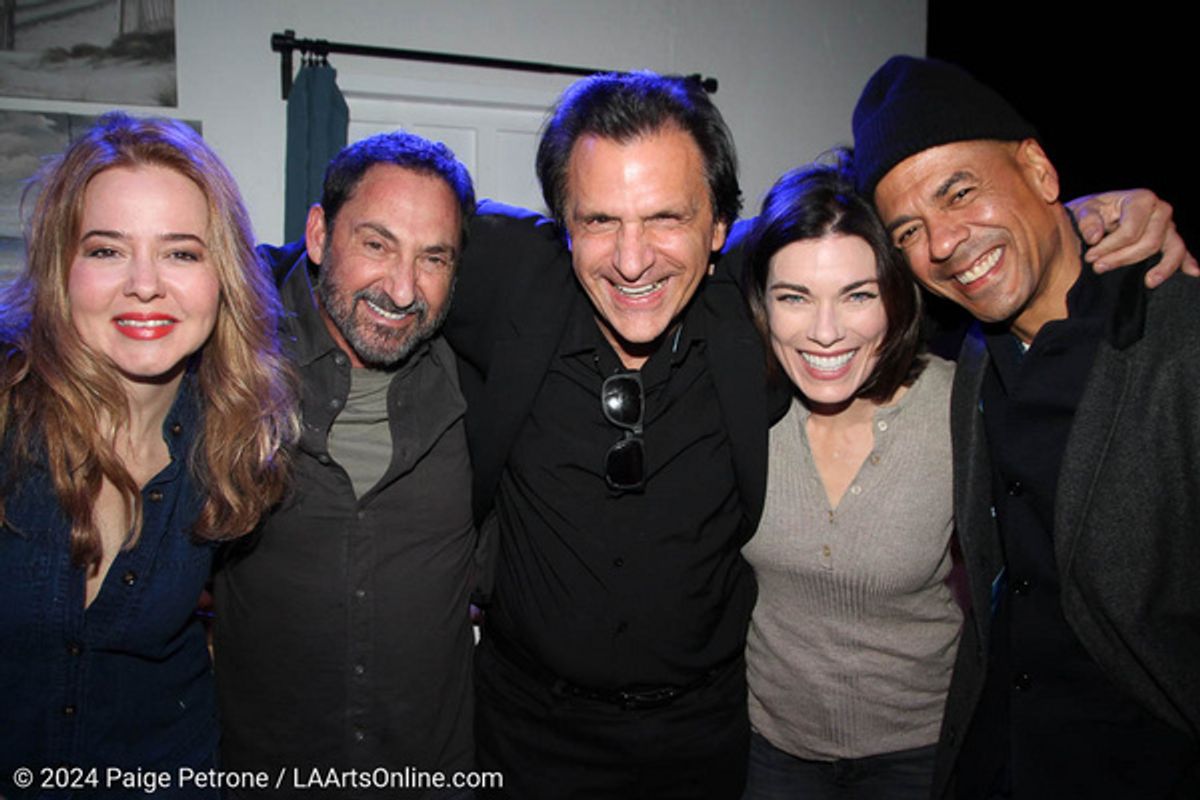 Cast members Marieh Delfino, Jack Esformes, Amy Motta, and Leith Burke with director and producer Peter Allas (center) of DINNER WITH FRIENDS at the Zephyr Theatre on April 5, 2024. Photo by Paige Pet at 