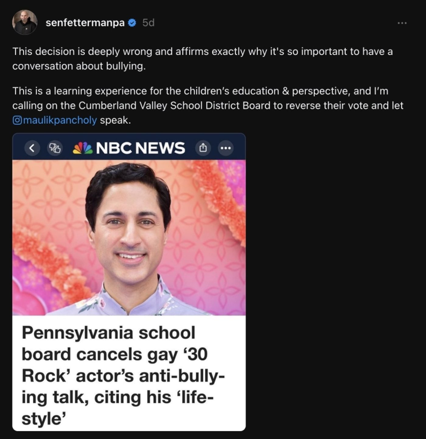 Senator John Fetterman Slams School For Canceling Actor's Speech Over 'Activism' and 'Lifestyle'  Image