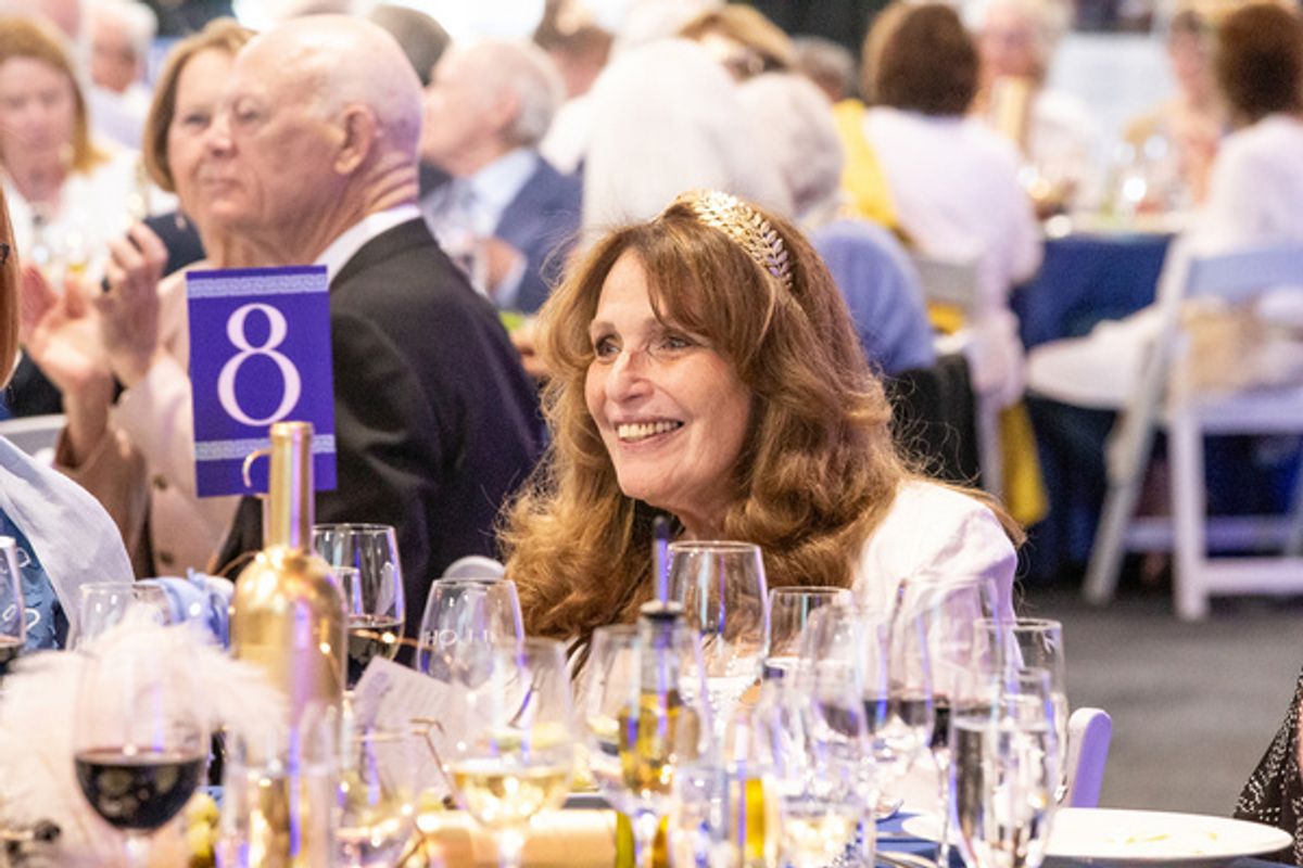 TheatreWorks Trustee Barbara Shapiro enjoys the festivities at TheatreWorks Silicon Valley''s spring fundraiser Blue Sky Bacchanalia Sunday, May 5, 2024 at Hiller Aviation Museum.  Photo Credit: Reed F at 