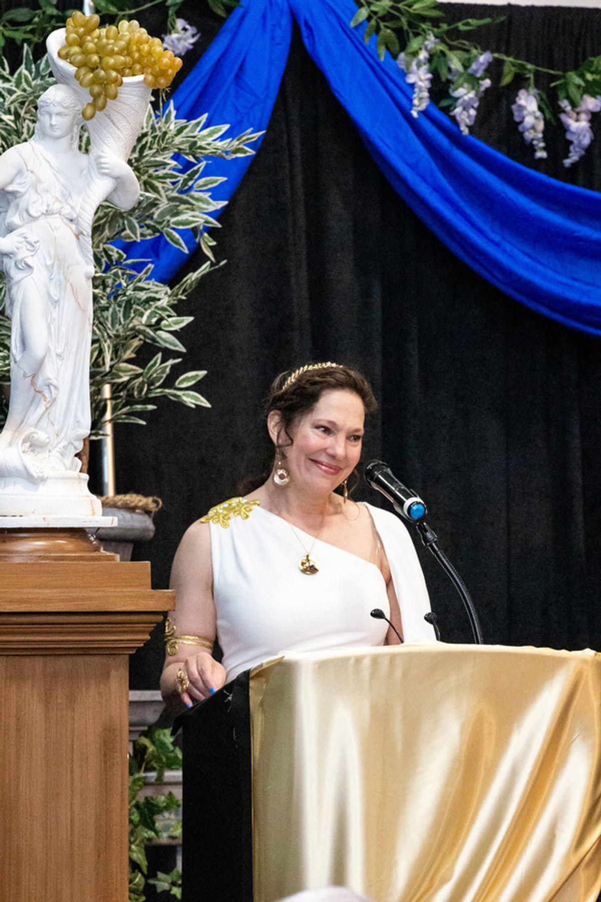 TheatreWorks Artistic Director Giovanna Sardelli addresses the crowd at TheatreWorks Silicon Valley''s spring fundraiser Blue Sky Bacchanalia Sunday, May 5, 2024 at Hiller Aviation Museum.  Photo Credi at 